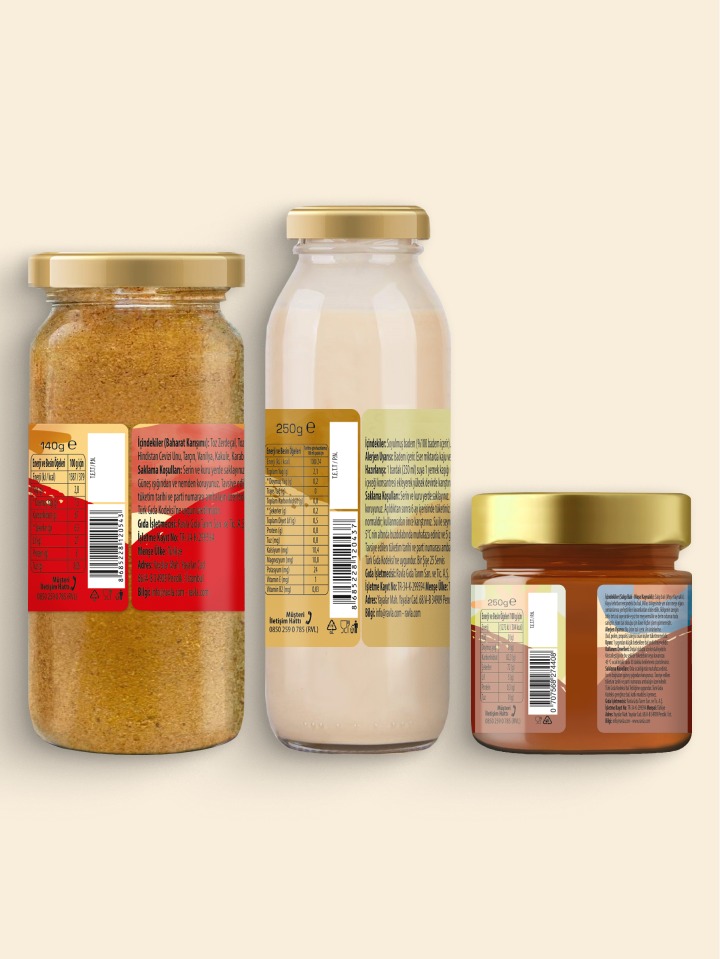 3'lü Ürün - Ravla Badem İçeceği Konsantresi - 250g/ Ravla Salgı Balı (Meşe Kaynaklı) - 250g / Ravla Altın Karışım 140g