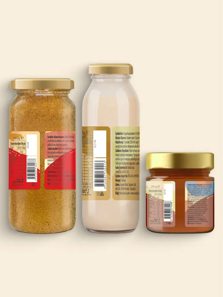 3'lü Ürün - Ravla Badem İçeceği Konsantresi - 250g/ Ravla Salgı Balı (Meşe Kaynaklı) - 250g / Ravla Altın Karışım 140g