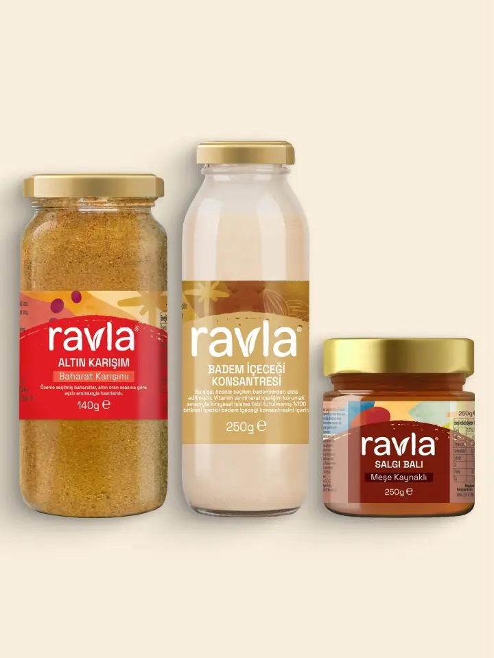 3'lü Ürün - Ravla Badem İçeceği Konsantresi - 250g/ Ravla Salgı Balı (Meşe Kaynaklı) - 250g / Ravla Altın Karışım 140g