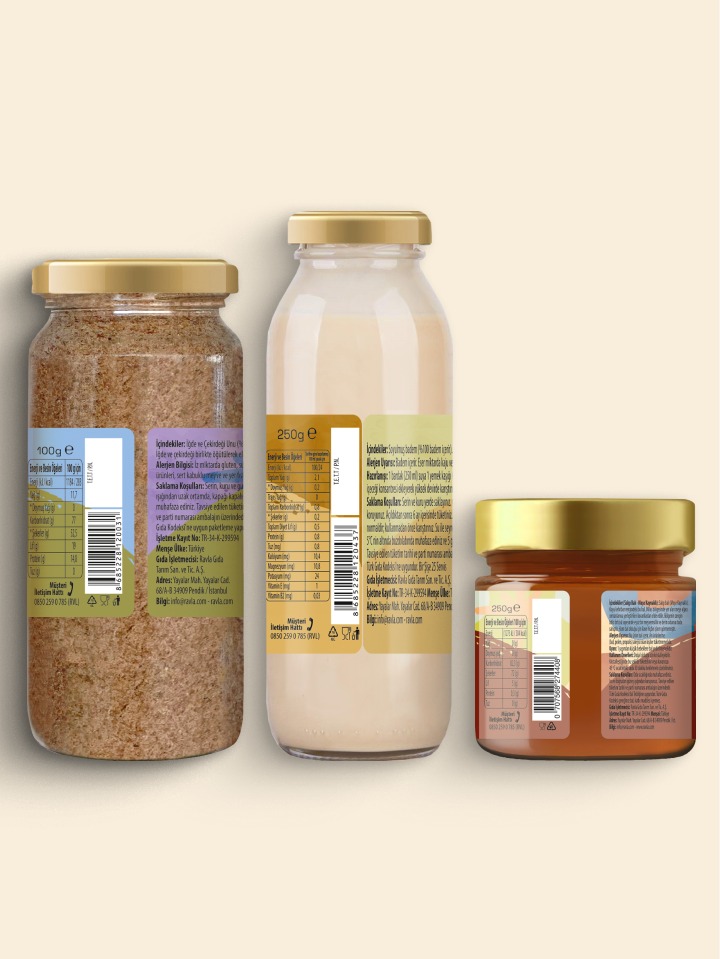 3'lü Ürün - Ravla Badem İçeceği Konsantresi - 250g /Ravla Salgı Balı (Meşe Kaynaklı) - 250g/Ravla İğde Unu 100g