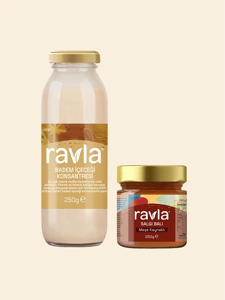 2'li Ürün - Ravla Badem İçeceği Konsantresi - 250g/ Ravla Salgı Balı (Meşe Kaynaklı) - 250g