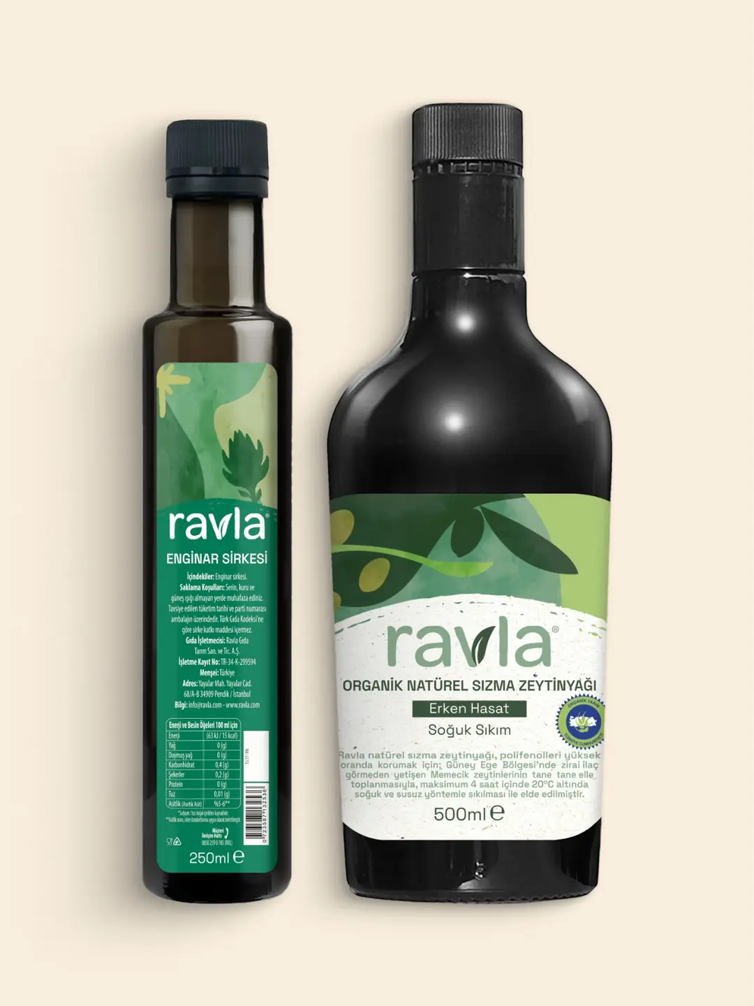 2'li Ürün - Ravla Enginar Sirkesi - 250ml / Ravla Organik Erken Hasat Zeytinyağı - 500ml