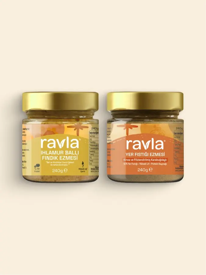 2'li Ürün - Ravla Ihlamur Ballı Fındık Ezmesi - 240g / Ravla Yer Fıstığı Ezmesi - 240g