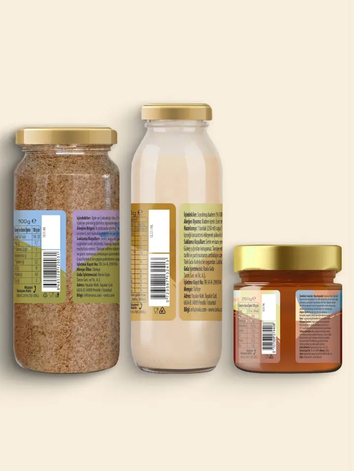 3'lü Ürün - Ravla Badem İçeceği Konsantresi - 250g /Ravla Salgı Balı (Meşe Kaynaklı) - 250g/Ravla İğde Unu 100g