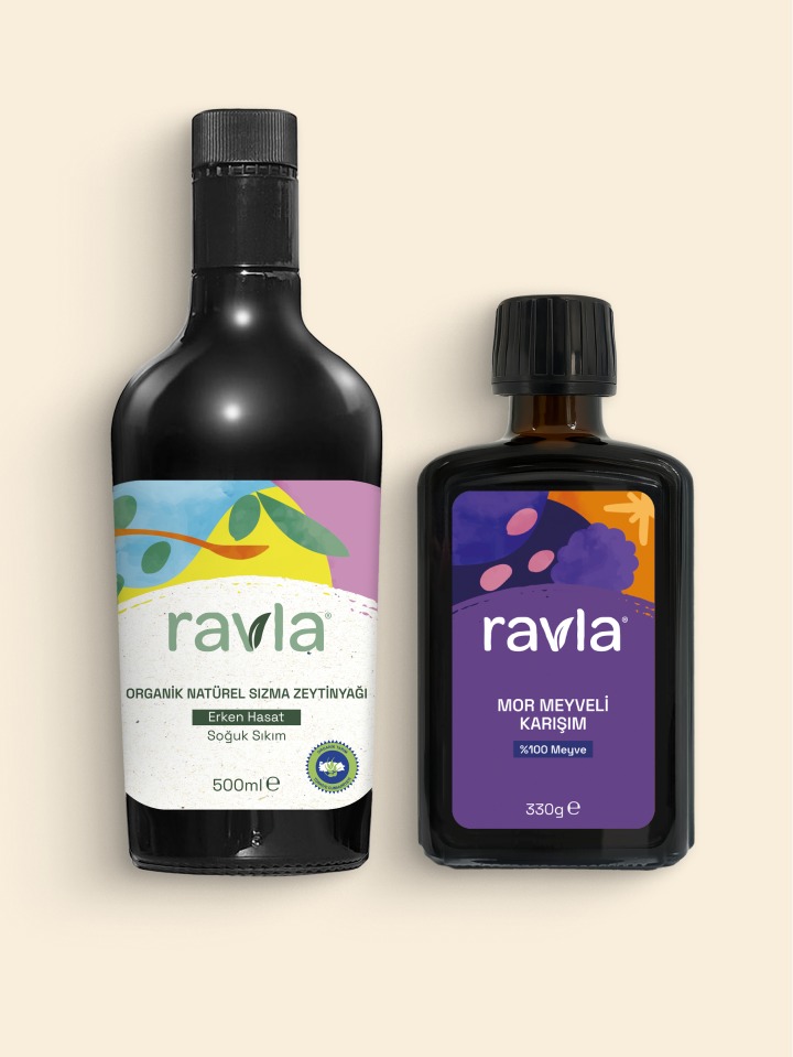 2'li Ürün - Ravla Mor Meyveli Karışım - 330g / Organik Zeytinyağı - Bebek Çocuk Yüksek Polifenol 500ml