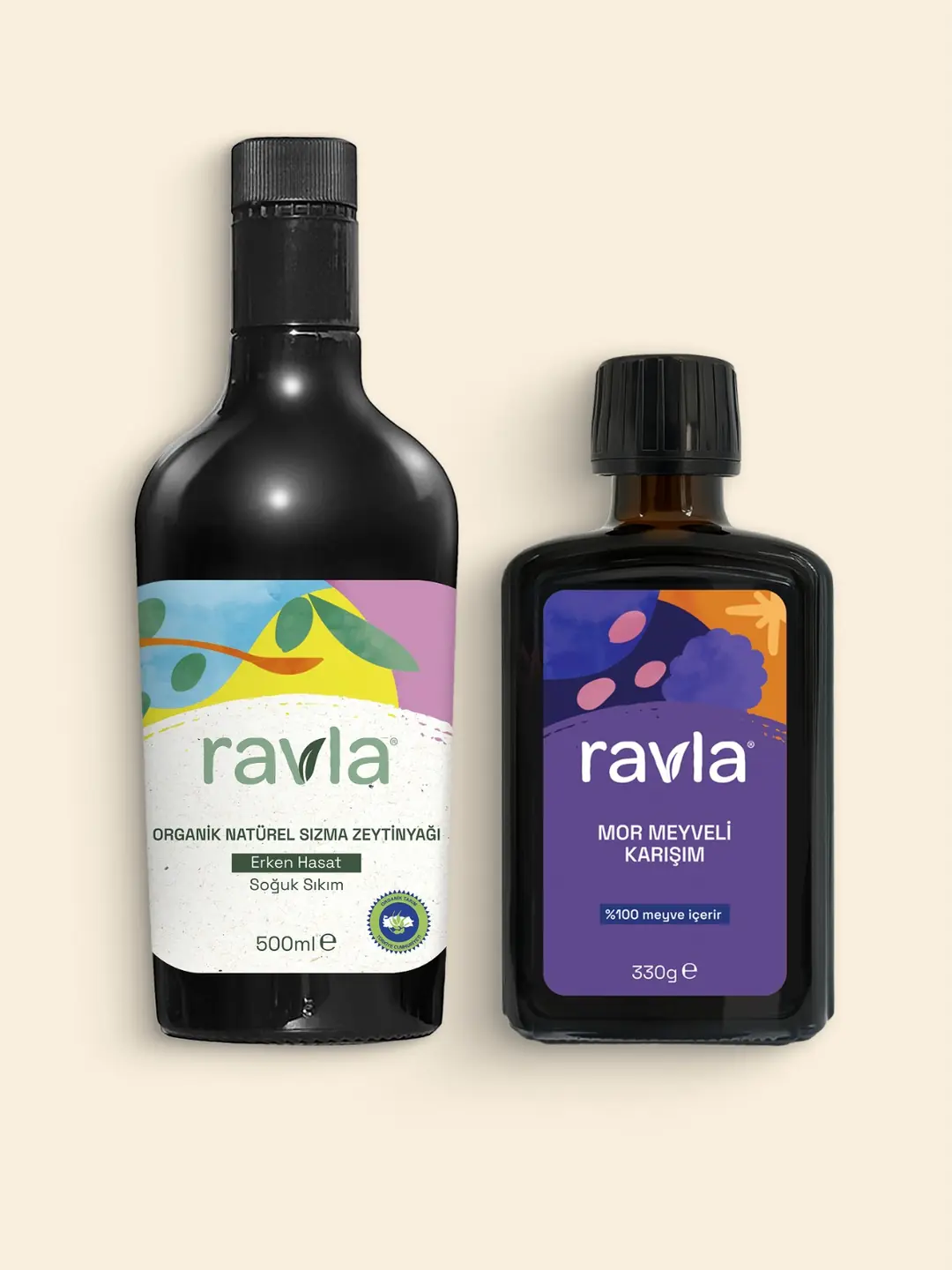 2'li Ürün - Ravla Mor Meyveli Karışım - 330g / Organik Zeytinyağı - Bebek Çocuk Yüksek Polifenol 500ml