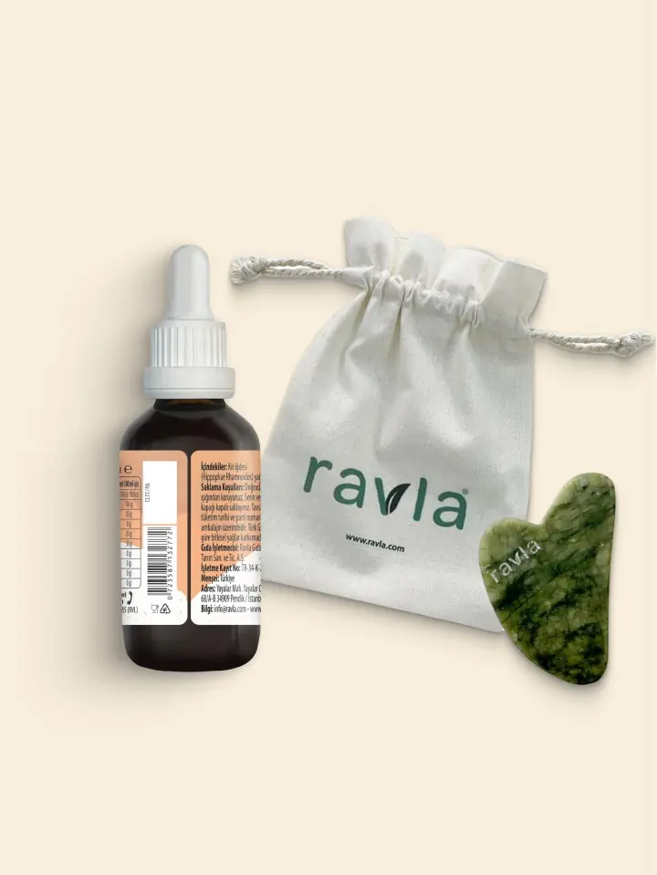 2'li Ürün - Ravla Yeşim Gua Sha Yüz Masaj Taşı / Ravla Kır İğdesi Yağı - 50ml