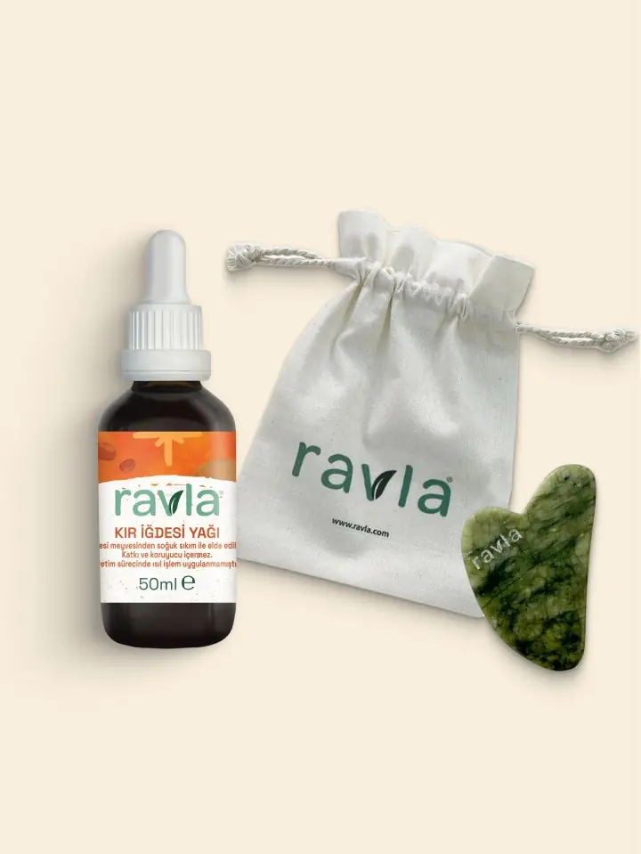 2'li Ürün - Ravla Yeşim Gua Sha Yüz Masaj Taşı / Ravla Kır İğdesi Yağı - 50ml