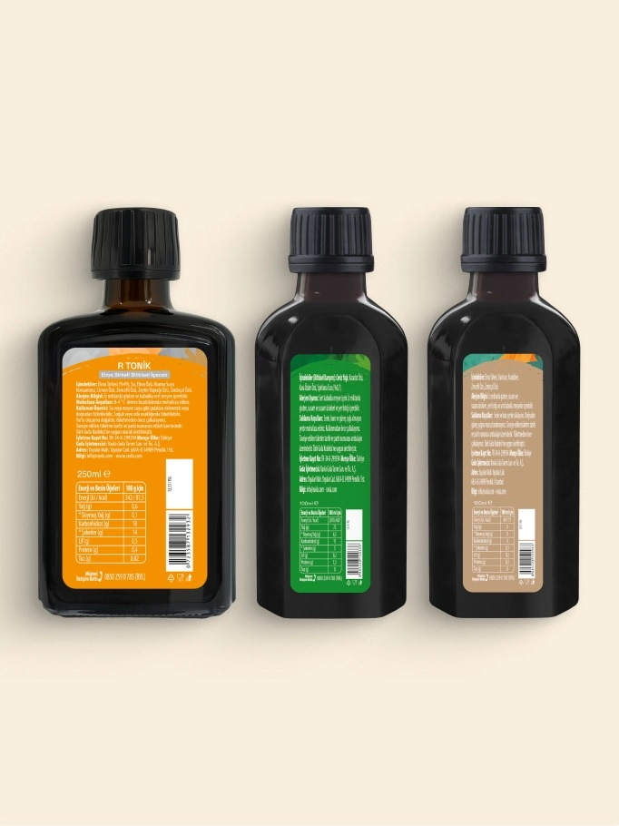 3’lü Ürün - Ravla R Tonik Elma Sirkeli Bitkisel İçecek - 250ml /  Ravla Spirulinalı Bitkisel Karışım - 100ml / Ravla Toniko Fermente İçecek - 100ml